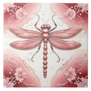 Carreau Dragonfly Red et White Flower Art