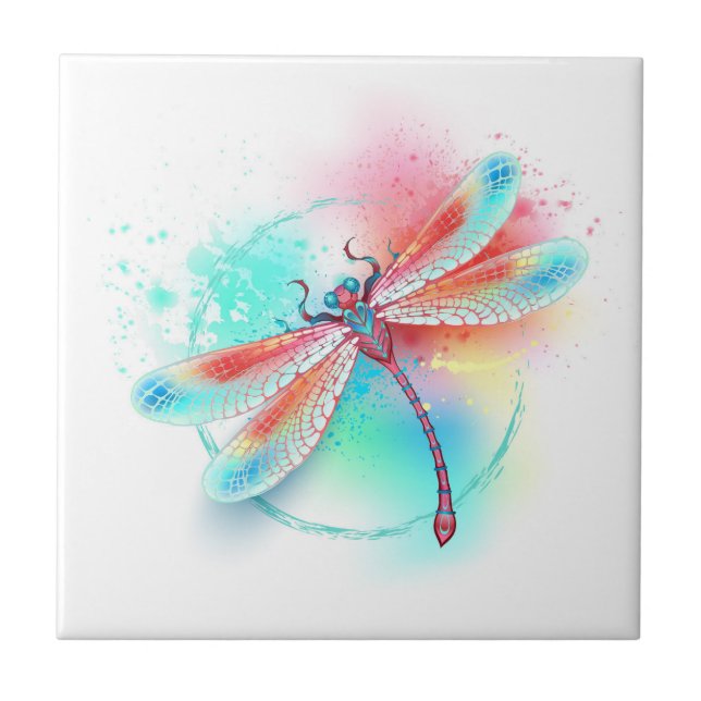 Carreau Dragonfly rouge sur l'arrière - plan aquarelle (Devant)