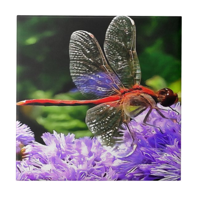 Carreau Dragonfly rouge sur Violet Violet Fleurs (Devant)