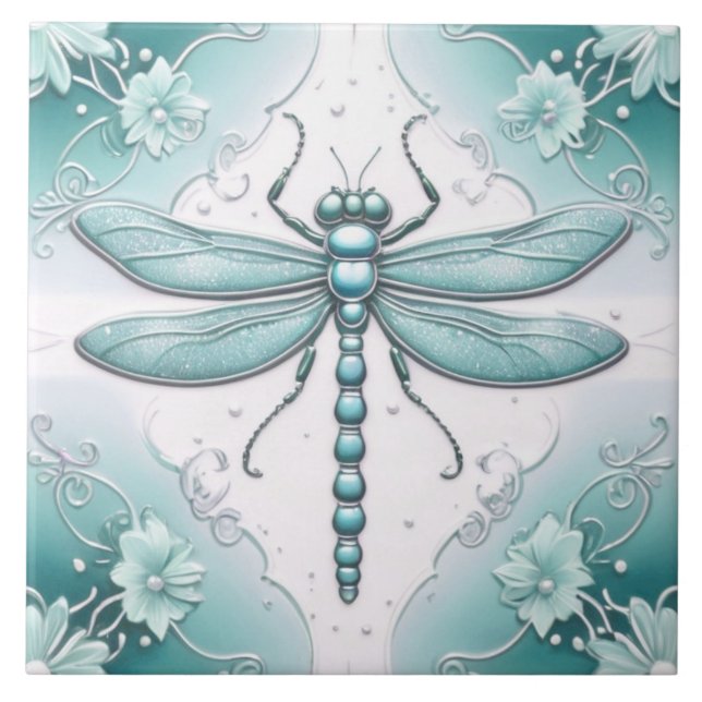 Carreau Dragonfly Turquoise and White Flower Art Turquoise (Devant)