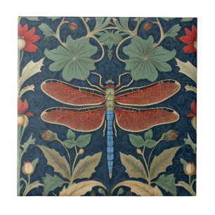 Carreau Dragonfly William Morris style bleu & rouge Floral