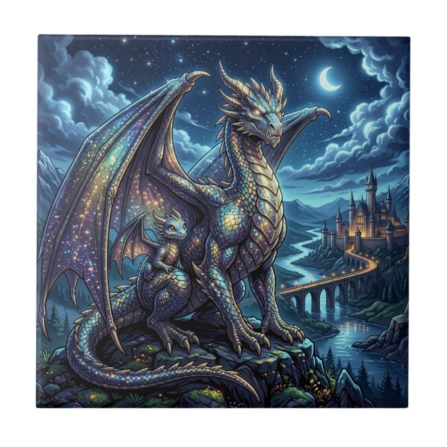 Carreau Dragons célestes père et fils au clair de lune   (Devant)