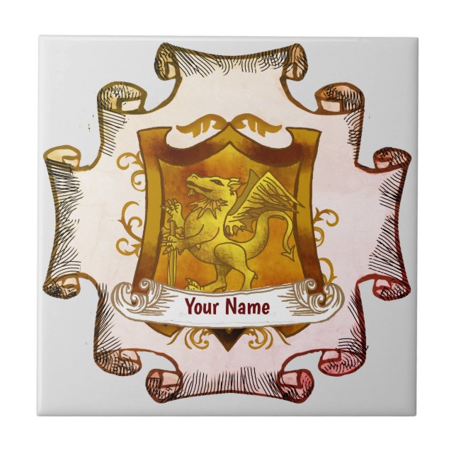 Carreau Dragons Shield Family Crest Nom de famille (Devant)