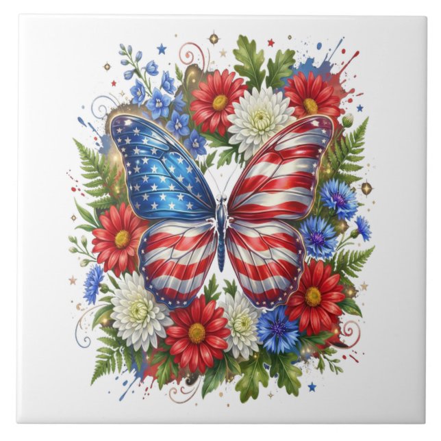 Carreau Drapeau Américain Rouge Blanc Bleu Papillon Floral (Devant)