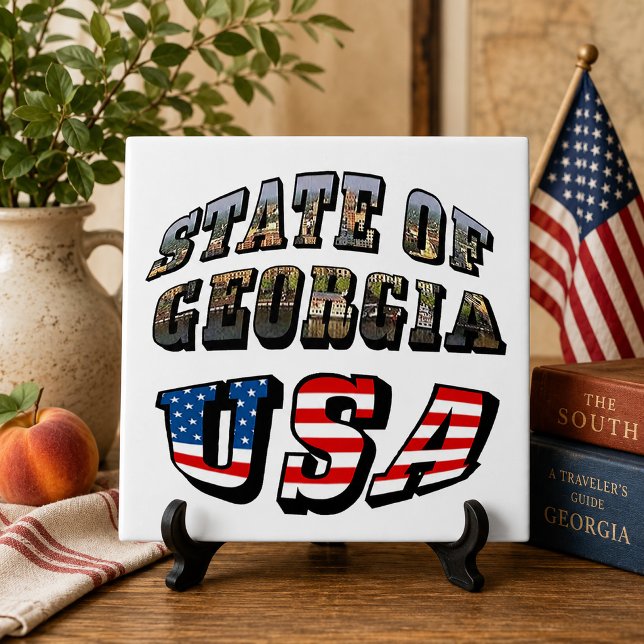 Carreau Drapeau de l'État de Géorgie et des États-Unis d'A (State of Georgia and USA Flag Text Ceramic Tile)