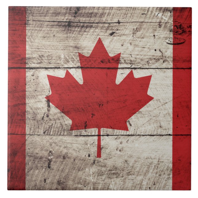 Carreau Drapeau du Canada sur le vieux grain en bois (Devant)