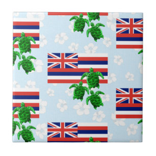Carreau Drapeau Hawaii et tortues de mer vertes Floral