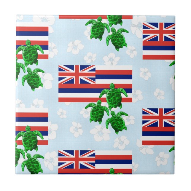Carreau Drapeau Hawaii et tortues de mer vertes Floral (Devant)