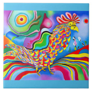 Carreau "Dreamscape Bird". Un coq abstrait surréaliste