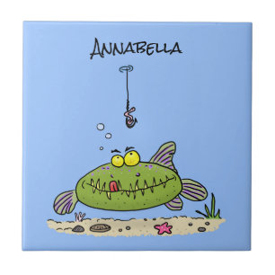 Carreau Drôle gras affamé poisson vert dessin de pêche