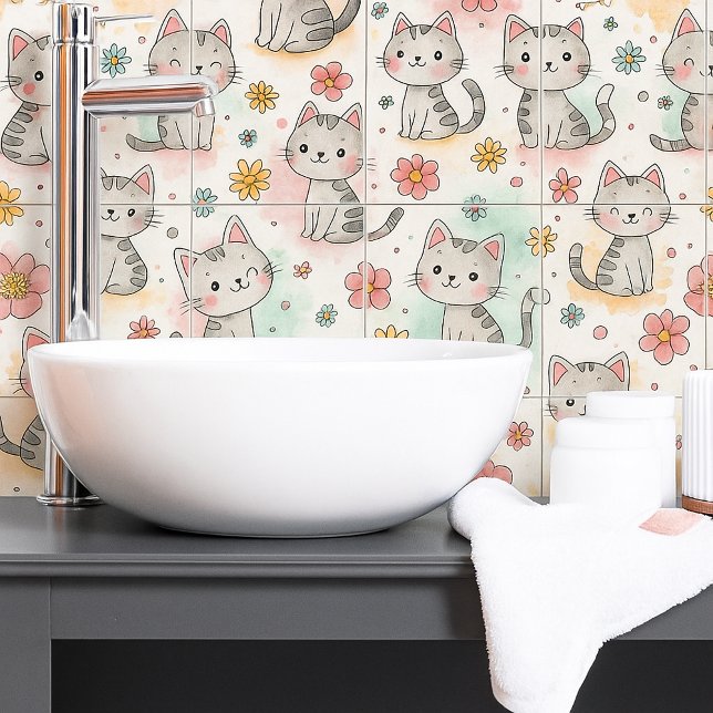 Carreau Drôle mignon chat pastel kawaii sans couture motif (Créateur téléchargé)