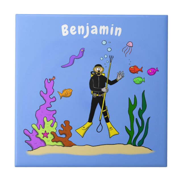 Carreau Drôle plongeur et poisson mer créatures dessin ani (Devant)