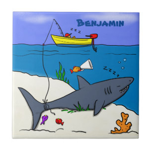 Carreau Drôle requin couché et dessin animé de pêche
