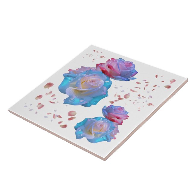 Carreau Droplets d'eau sur Roses rose et bleu sur blanc | (Côté)