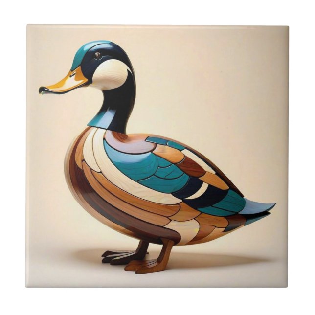Carreau Duck intarsia wood art print bird ceramic tile (Devant)
