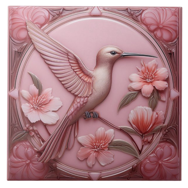Carreau Dusty pink faux relief Art Nouveau Hummingbird R (Devant)