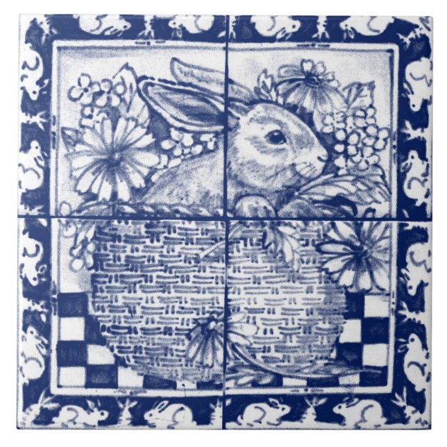 Carreau Easter Navy Blue White Bunny Rabbit Dedham Delft (Devant)