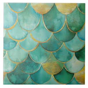 Carreau Écailles de sirène dorées turquoise motif aquarell