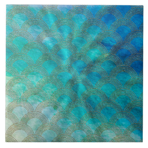 Carreau Échelles de mer et de sirène en aqua et or