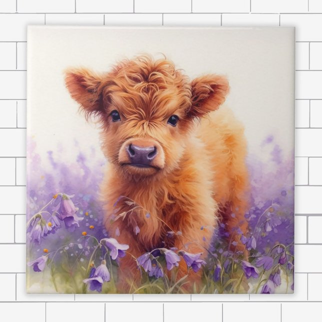 Carreau Écossais Highland Vache Calf Violet Fleurs sauvage (Créateur téléchargé)