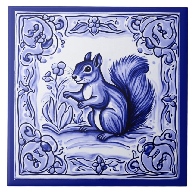 Carreau Écureuil bleu et blanc Folk Art animal (Devant)