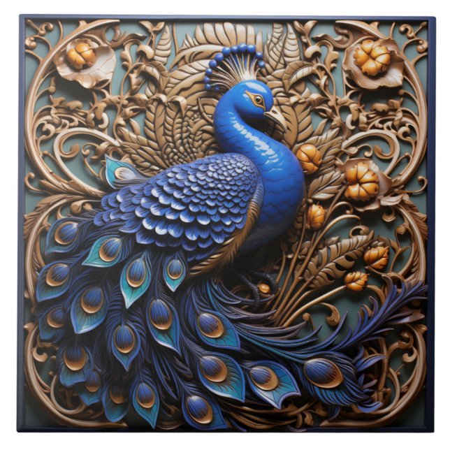 Carreau Effet 3D Paon Bleu, Baroque (Devant)