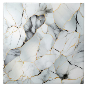 Carreau Effet marbre blanc avec veines dorées et noires