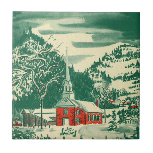 Carreau Église de Noël vintage, paysage enneigé en hiver