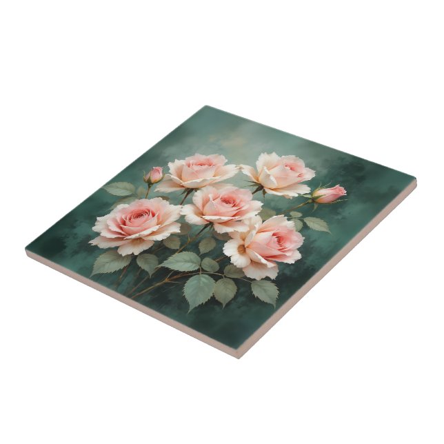 Carreau Élégance de Rose Rougeâtre sur Jade Profond (Côté)