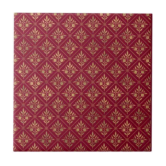 Carreau Élégance Dorée – Botanique Rouge Bordeaux et Or (Devant)