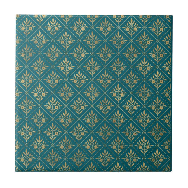 Carreau Élégance Dorée – Botanique Turquoise Foncé et Or (Devant)