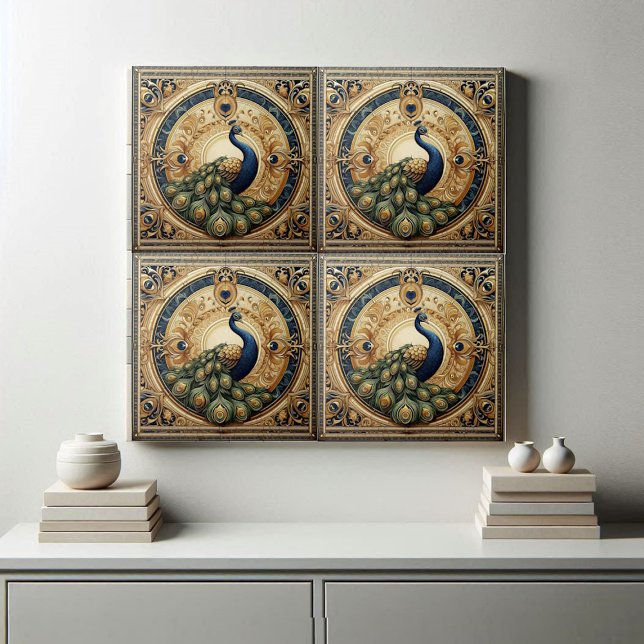 Carreau Élégance Dorée Paon Majestueux Art Déco (Golden Elegance Majestic Peacock Feather Art Deco Ceramic Tile)