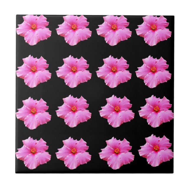 Carreau "Élégance florale : Hibiscus rose fleurit sur noir (Devant)