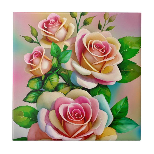 Carreau Élégance Roses Rose et Jaune Aquarelle Pastel (Devant)
