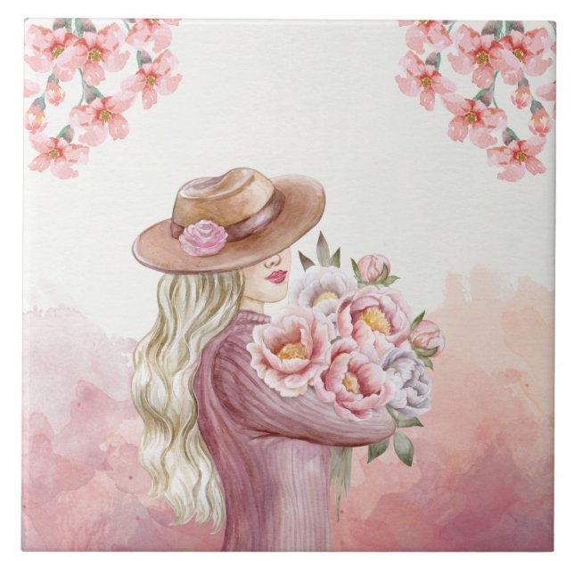 Carreau Elegance Woman with Peonies Aquarelle Art Imprimer (Devant)