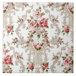 Carreau Élégant Arrière - plan Floral-Blanc Rococo<br><div class="desc">Elégant,  romantique et orné de style vintage Rococo floral continu avec roses roses roses et défilement décoratif sur arrière - plan blanc.</div>