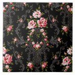 Carreau Élégant Arrière - plan Floral-Noir de Rococo<br><div class="desc">Elégant,  romantique et orné de style vintage Rococo floral continu avec roses roses roses et défilement argenté décoratif sur arrière - plan noir.</div>