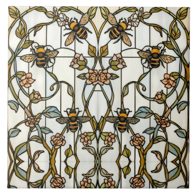 Carreau Elegant art nouveau botanical  bee stain glass (Devant)