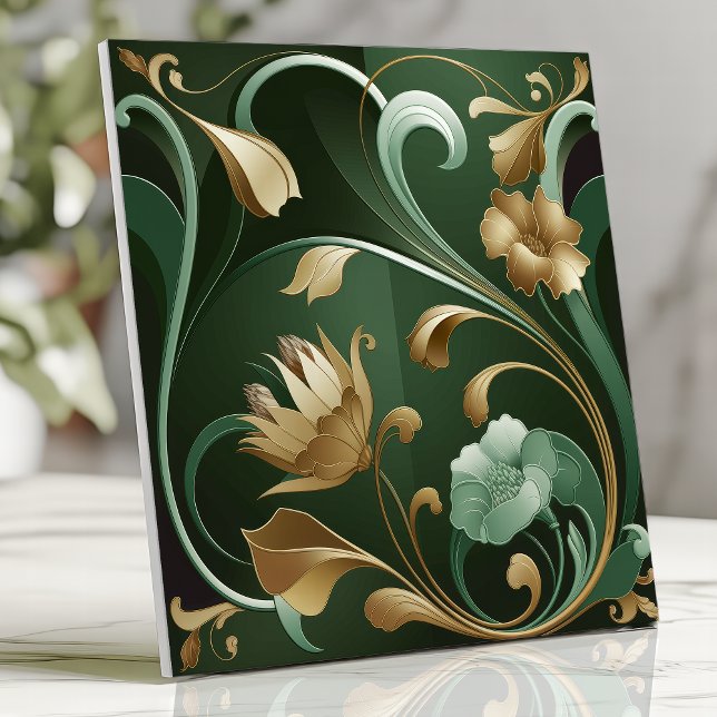 Carreau Élégant Art Nouveau Floral Emerald and Gold (Créateur téléchargé)