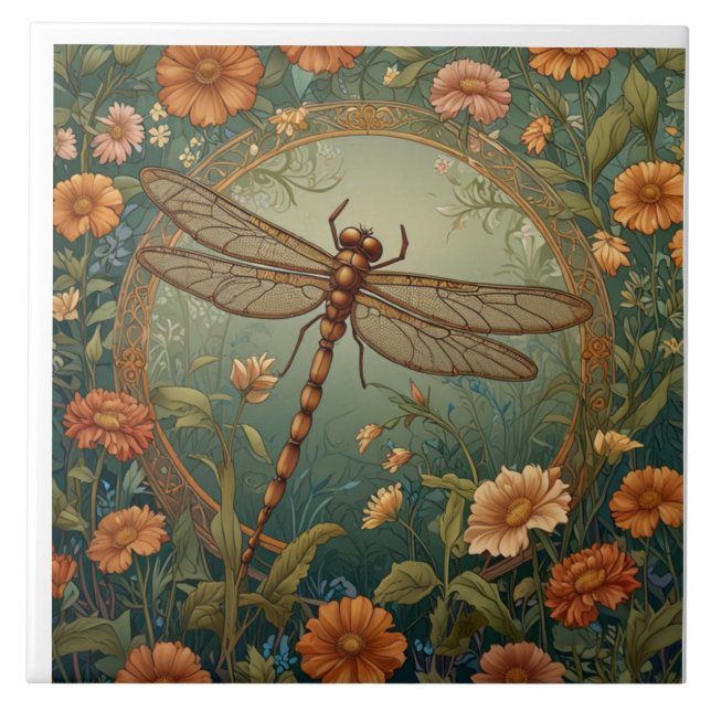 Carreau Elegant Art Nouveau Spring green Dragonfly (Devant)