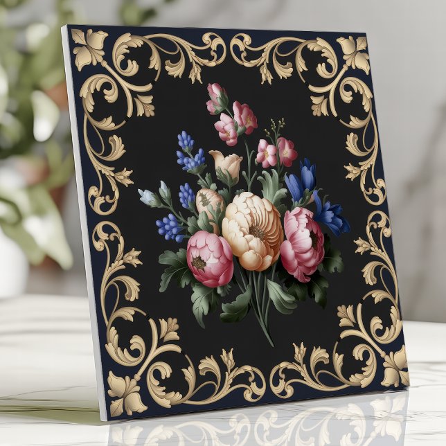 Carreau Élégant baroque floral noir et or (Créateur téléchargé)