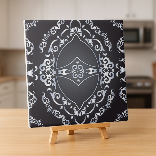 Carreau Elégant Baroque Luxe Chic Bordure Noir & Argent (Créateur téléchargé)