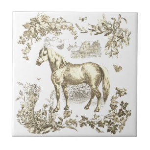 Carreau Élégant beige floral cheval vintage
