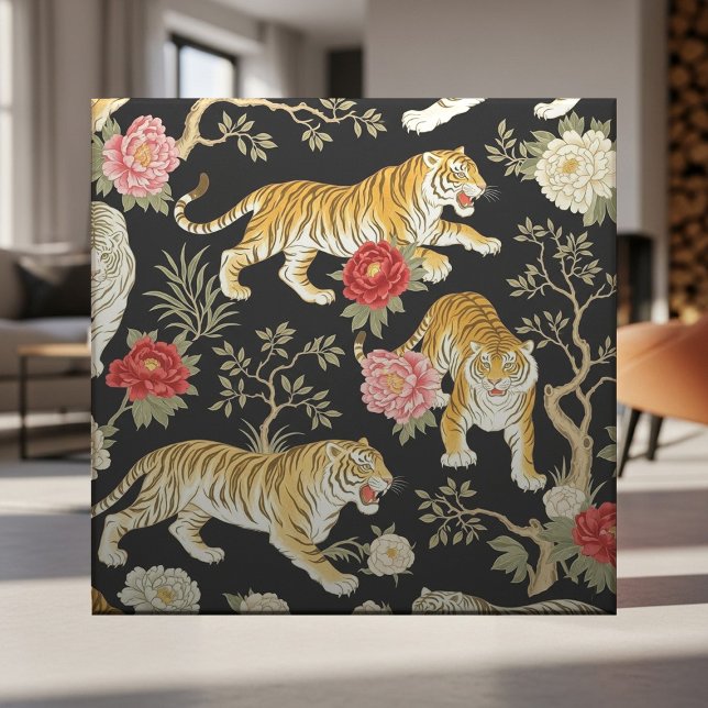 Carreau Elegant Black Chinoiserie Tiger and Peony Pattern (Créateur téléchargé)