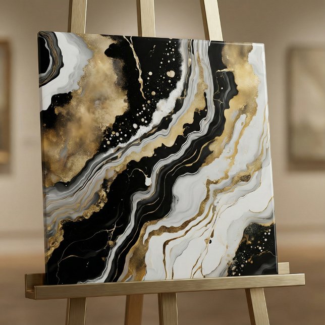 Carreau Elegant Black Gold & White Agate Marble Fluid Art (Créateur téléchargé)