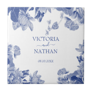 Carreau Elégant bleu blanc Chinoiserie Chic Floral Mariage