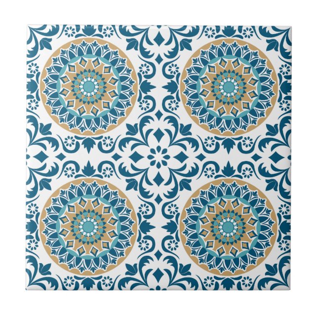 Carreau Elégant Bleu Blanc Or Méditerranée Ornate (Devant)