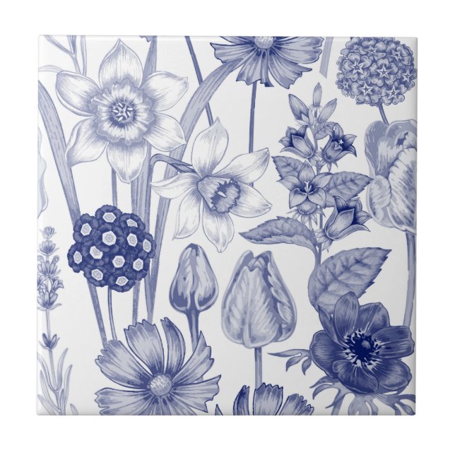 Carreau Elégant bleu blanc vintage motif floral (Devant)