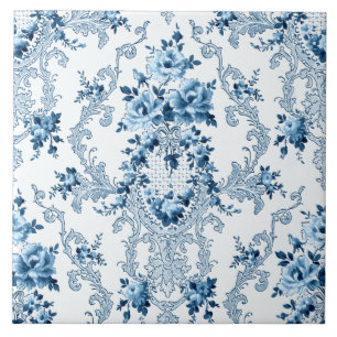 Carreau Elégant bleu et blanc Rococo Floral