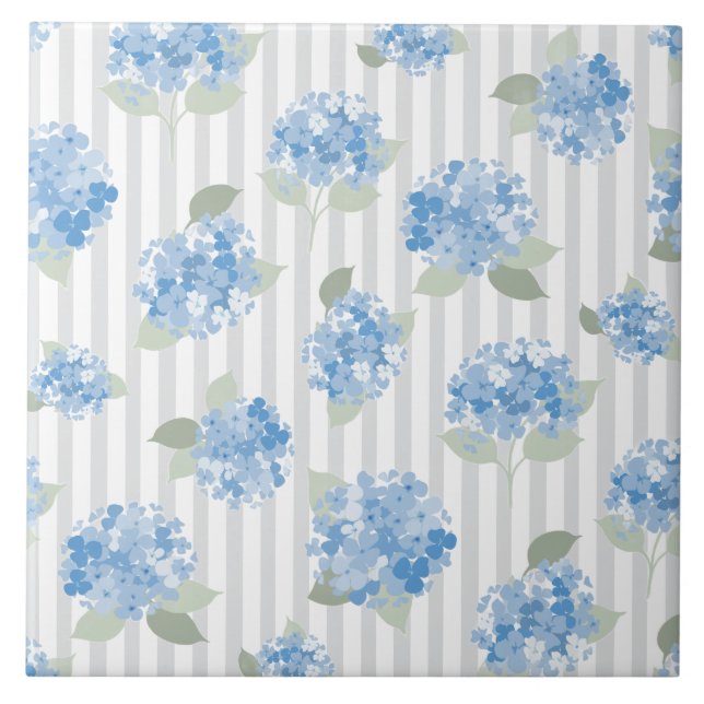 Carreau Elegant Blue Hydrangea Pattern Gray Stripe  (Devant)